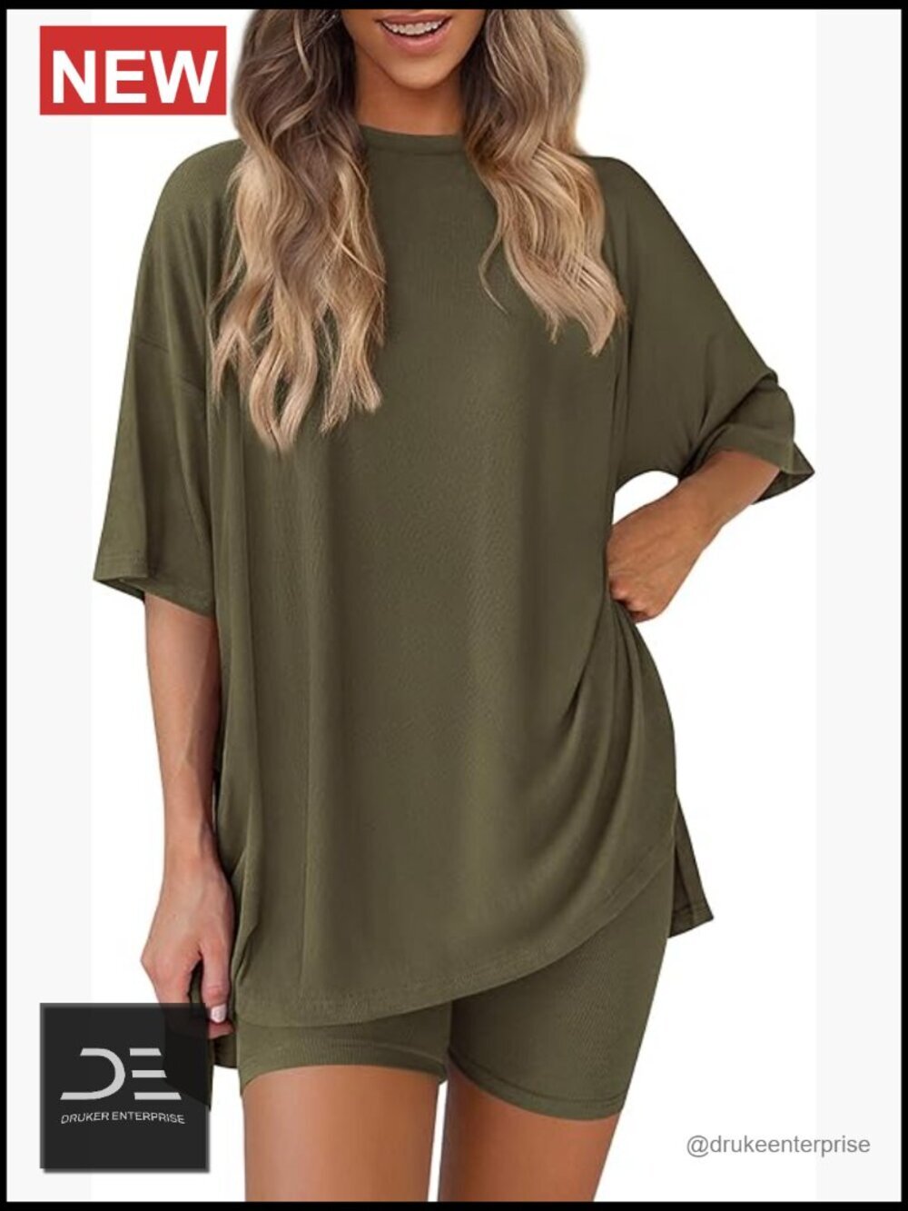 2 Piece Lounge Set Oversized Shirt Biker Shorts Matching Travel Outfit